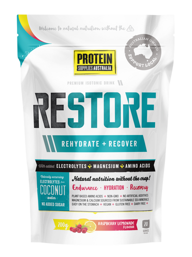 protein supplies aust. restore hydration recovery drink raspberry lemonade 200g
