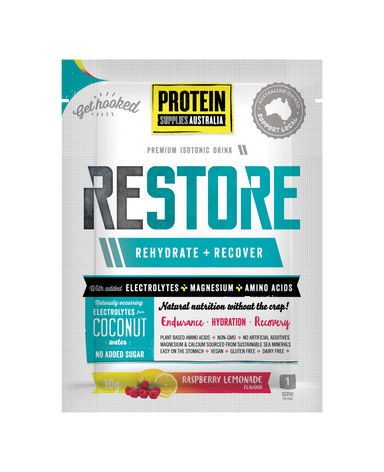 protein supplies aust. restore hydration recovery drink raspberry lemonade