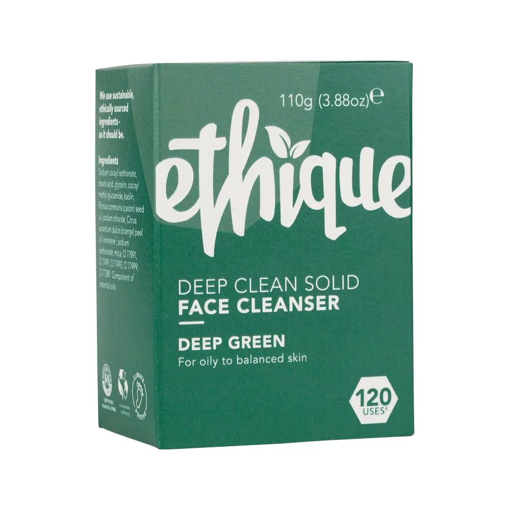 Ethique Deep Green solid face cleanser bar beside its green carton