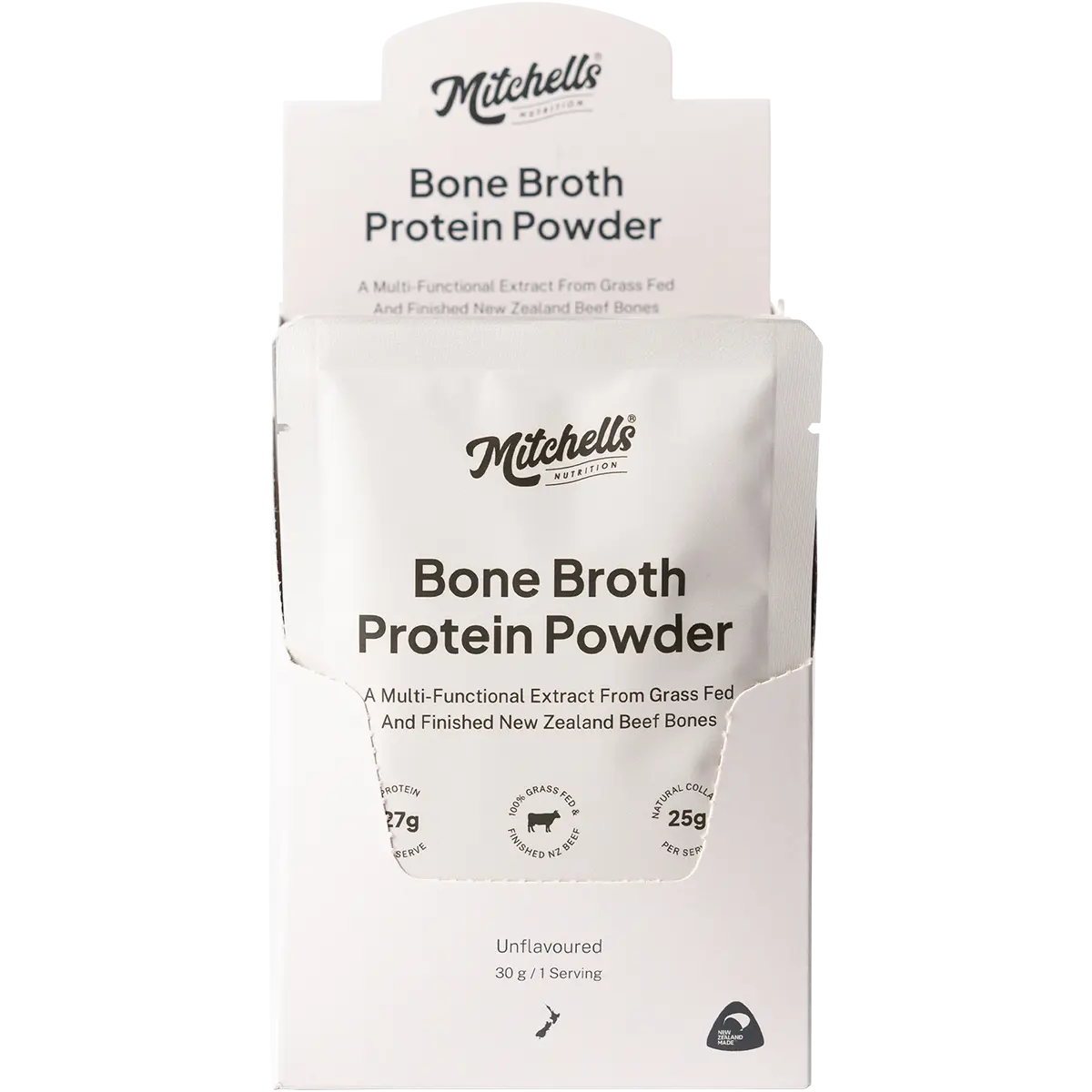 Mitchells bone broth powder sachets displayed for easy meal preparation