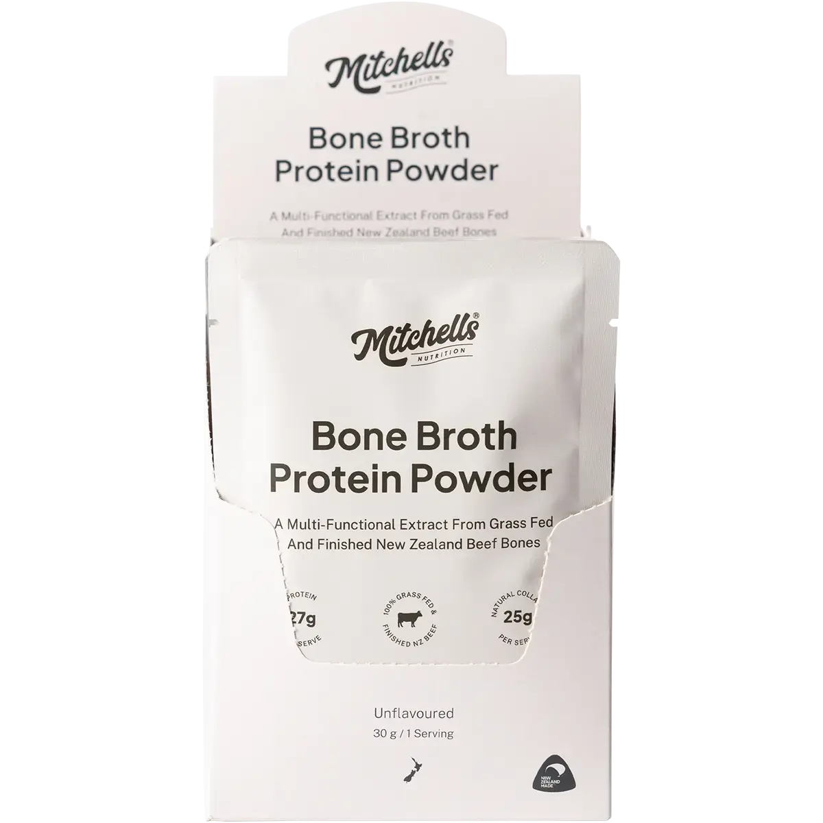 Mitchells bone broth powder sachets displayed for easy meal preparation