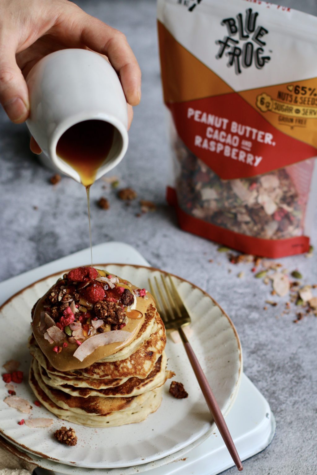 Crunchy Peanut Butter, Cacao and Raspberry Pancakes