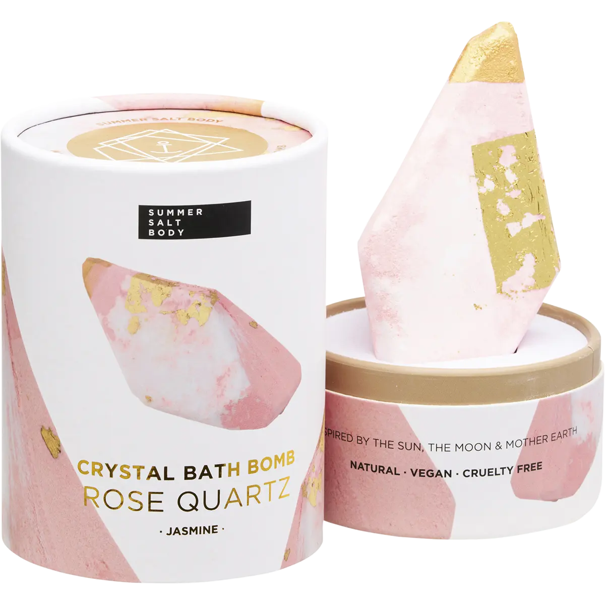 Open rose quartz crystal bath bomb box showing the bath bomb inside