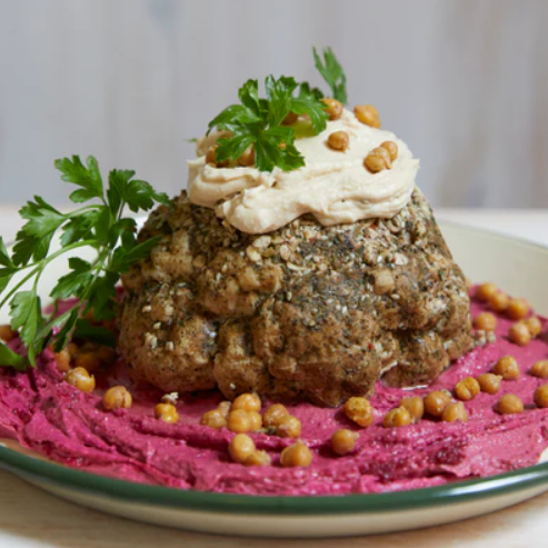 Cauli Roast with Herb & Dukkah Stuffing served with Beetroot Hummus and Crispy Chickpeas Artisanal Australia