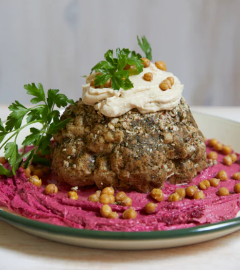 Cauli Roast with Herb & Dukkah Stuffing served with Beetroot Hummus and Crispy Chickpeas