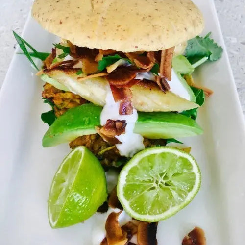 Sweet & Spicy Kumara Hash with Grilled Bananas, Avocado and Coconut Bacon Artisanal Australia