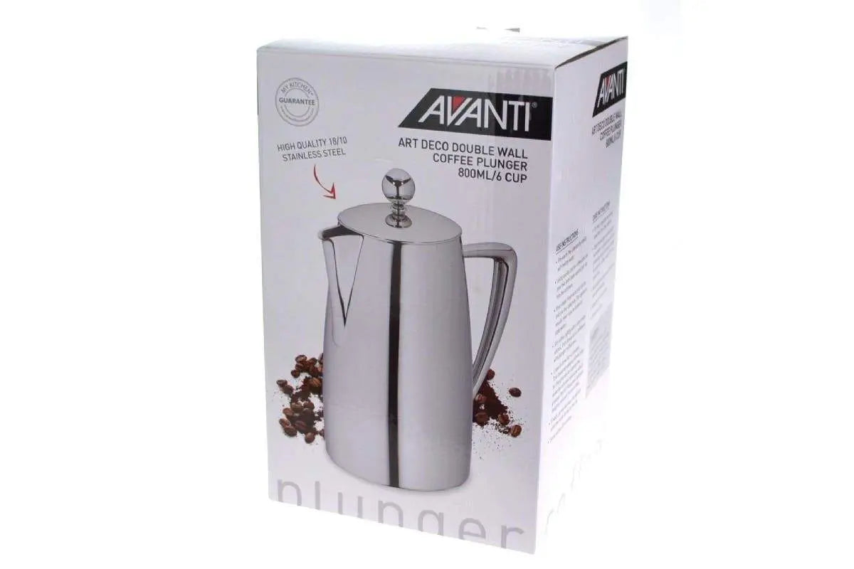 Coffee served beside the Avanti Art Deco stainless-steel plunger