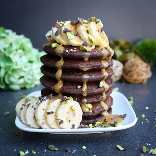 Cacao‑Maca Pancakes with Salted Toffee Sauce
