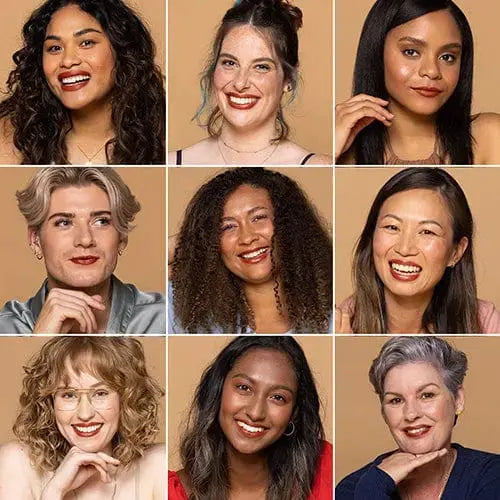 Nine people wearing varied applications of Ethique Dahlia terracotta lipstick