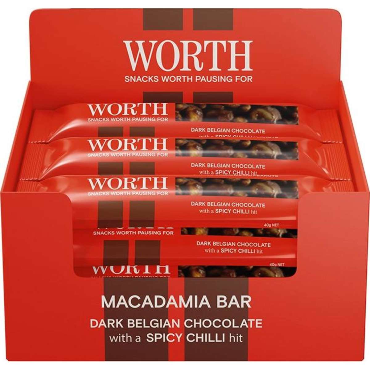 (CLEARANCE) Worth Foods Macadamia Bar – Belgian Dark Chocolate and Spicy Chilli 12x40g
