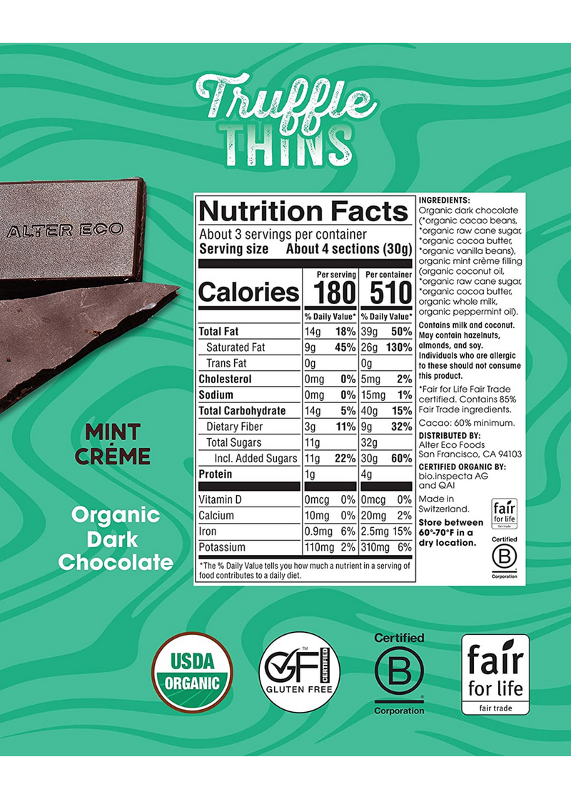 Alter Eco Dark Chocolate Mint Creme Truffle Thins 84g