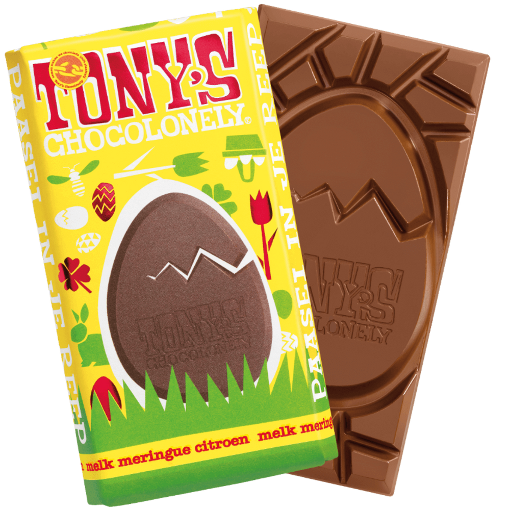 (CLEARANCE BB 27/11/24) Tony’s Chocolonely Easter Bar Milk Meringue Lemon 180 Grams