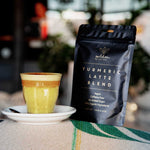 Matcha Maiden Golden Grind Turmeric Latte Blend 100g — official pouch and prepared golden latte lifestyle image