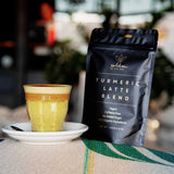 Matcha Maiden Golden Grind Turmeric Latte Blend 100g — official pouch and prepared golden latte lifestyle image