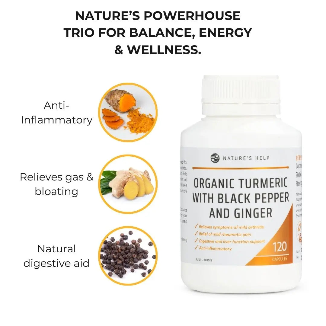 Nature's Help Organic Turmeric capsules - turmeric black pepper and ginger