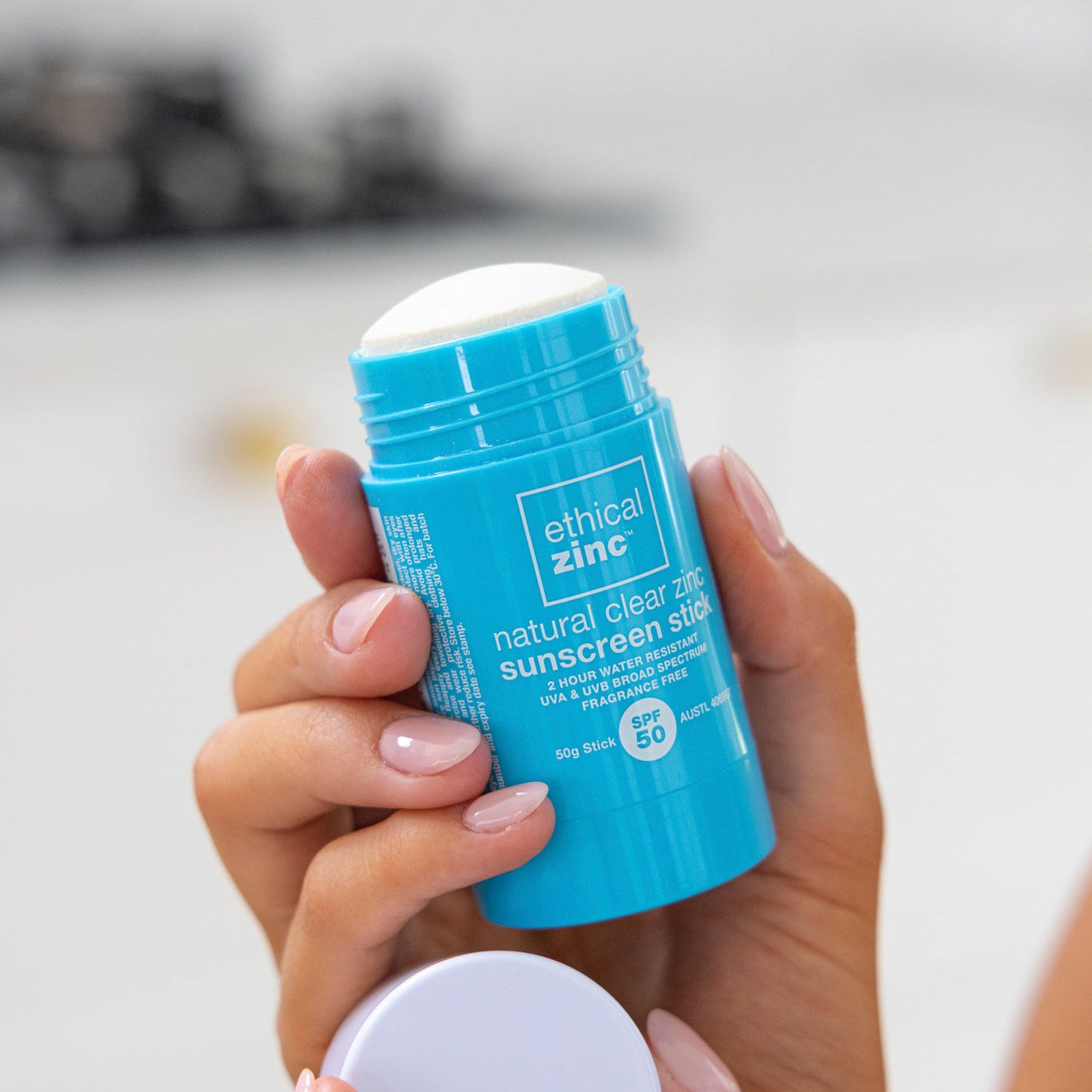 Ethical Zinc Natural Clear Zinc Sunscreen Stick SPF 50 50g in-use lifestyle image