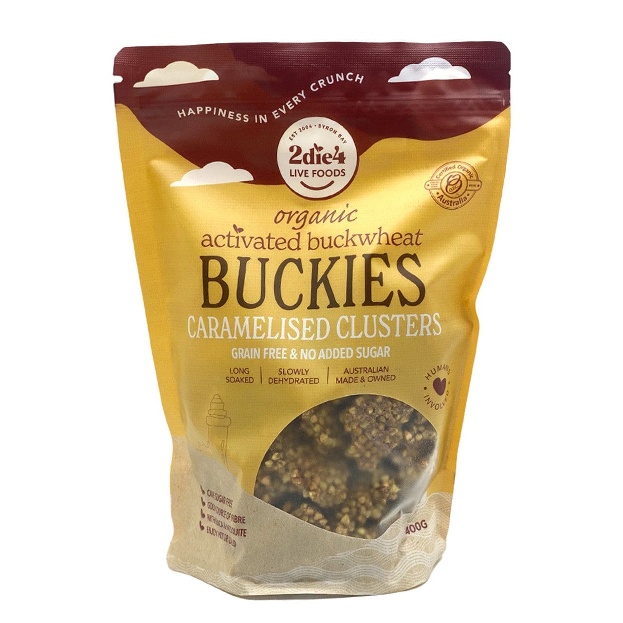 2DIE4 LIVE FOODS Cereal & Granola 2die4 Live Foods Organic Activated Buckies Caramelised Clusters 400g