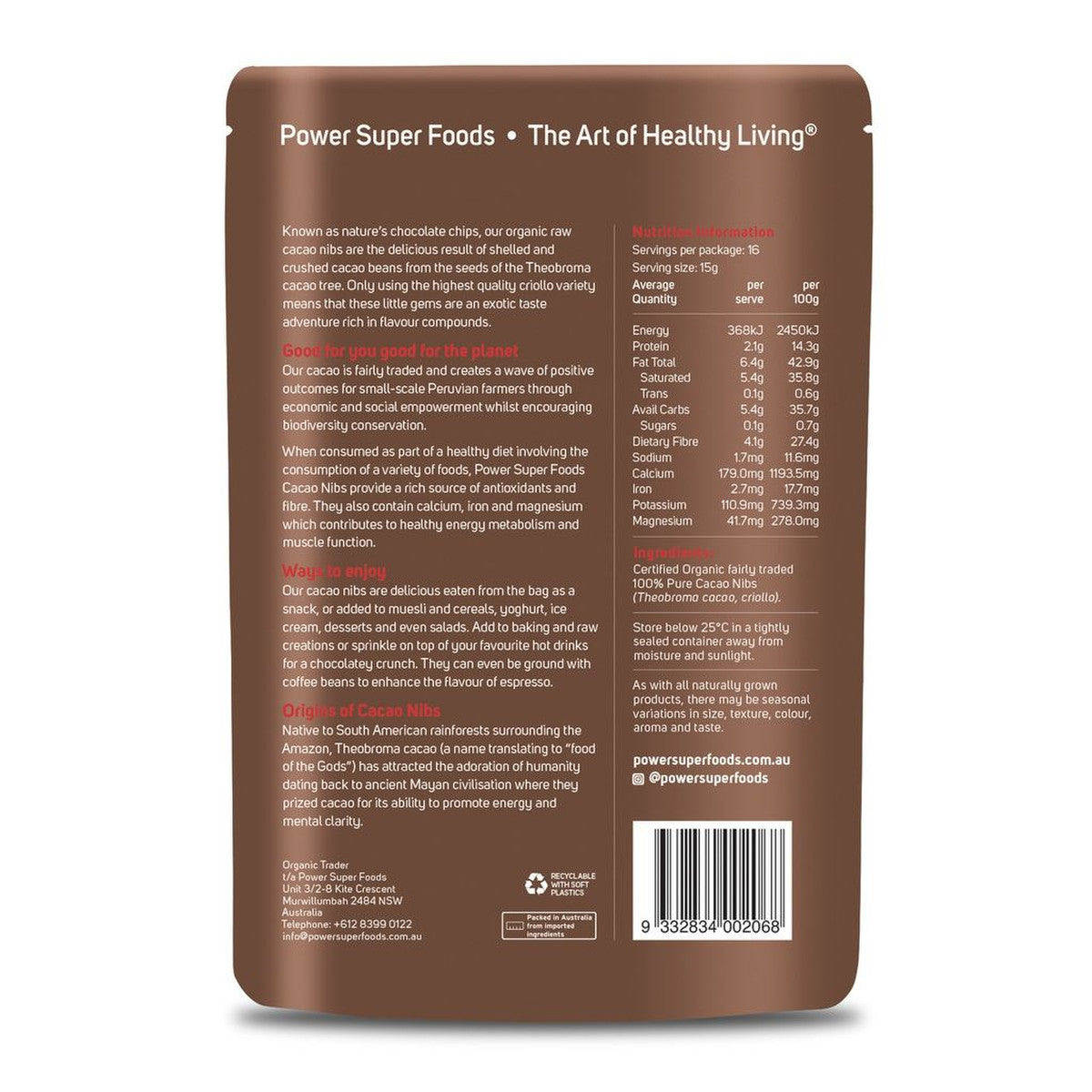 Power Super Foods Organic Cacao Nibs Raw - Origin