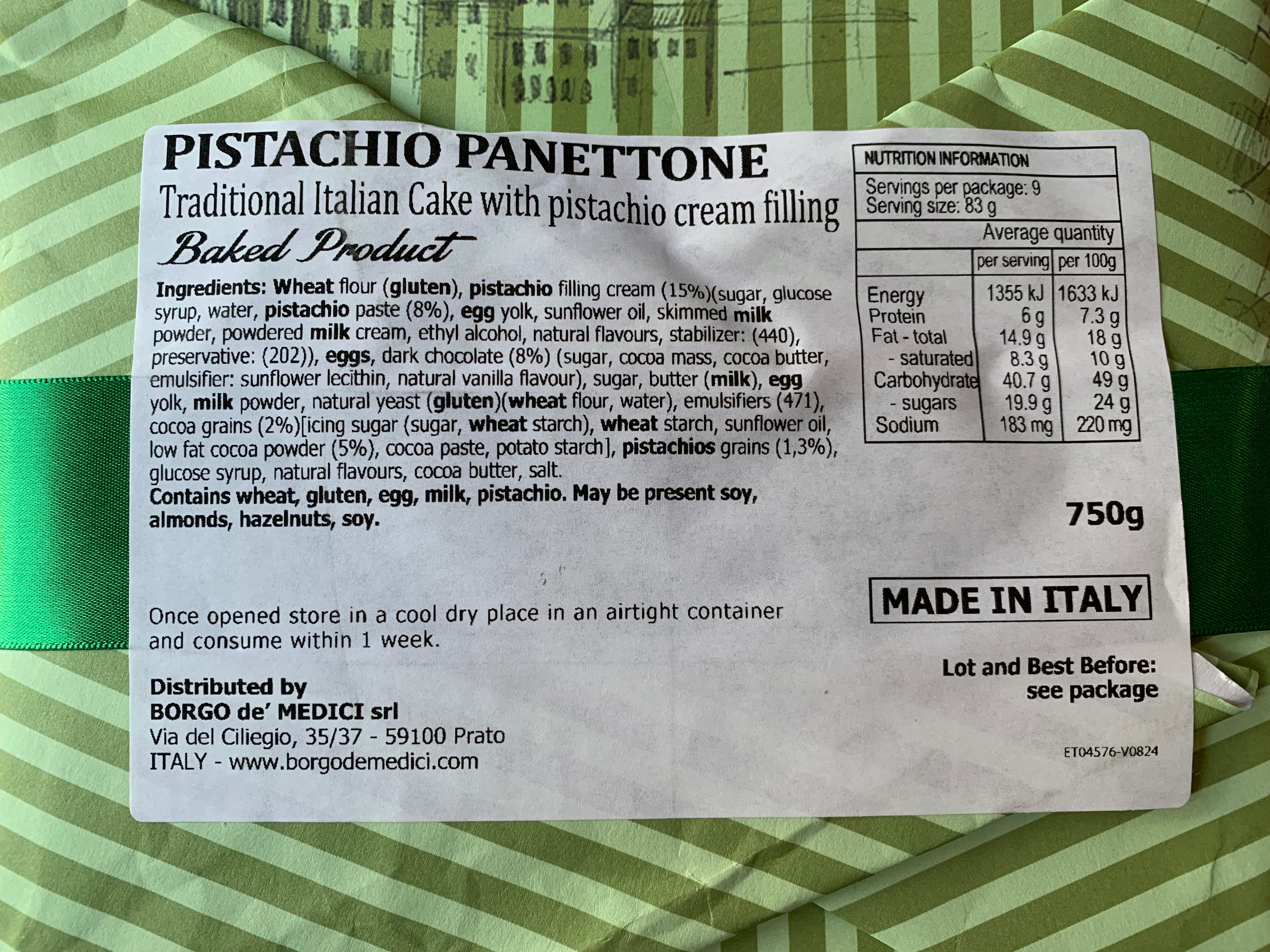 (Reduced to Clear) Borgo De Medici - Panettone - Pistachio Cream Filled Cake 750g