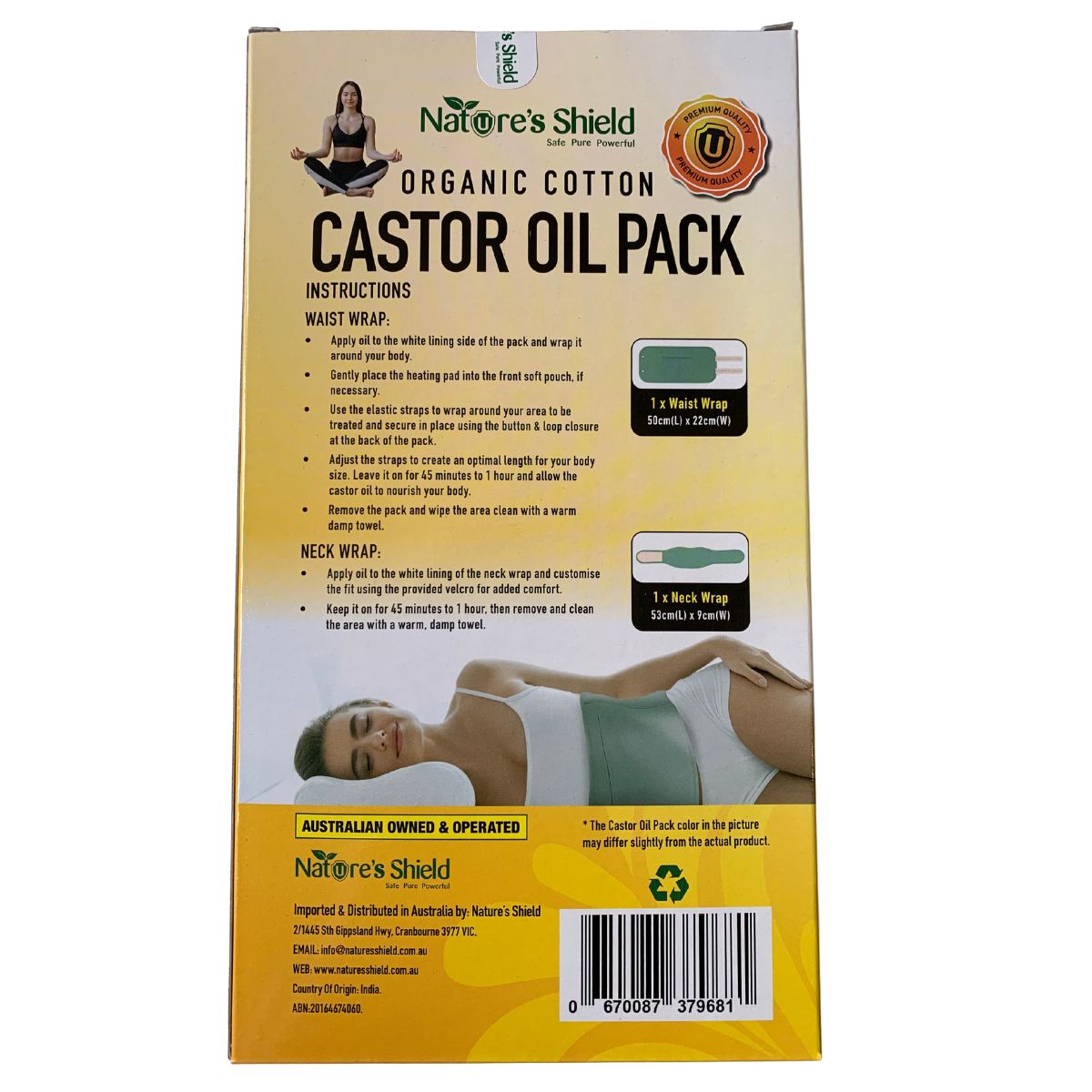 Nature's Shield Organic Cotton Castor Oil Pack Waist Wrap (50cm x 22cm) + Neck Wrap (53cm x 9cm)