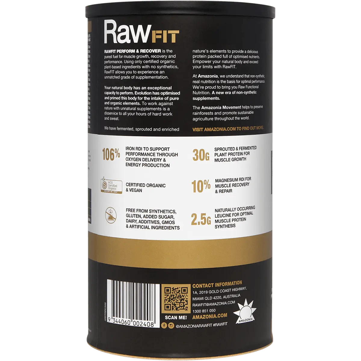 Amazonia RawFIT Plant Protein Organic Perform & Recover Rich Chocolate — side pack image (UHP)