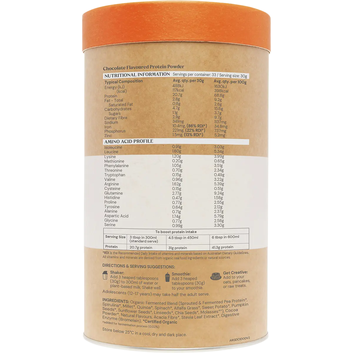 Amazonia Raw Paleo Protein Gentle Digest 1kg Chocolate — side pack image (UHP)