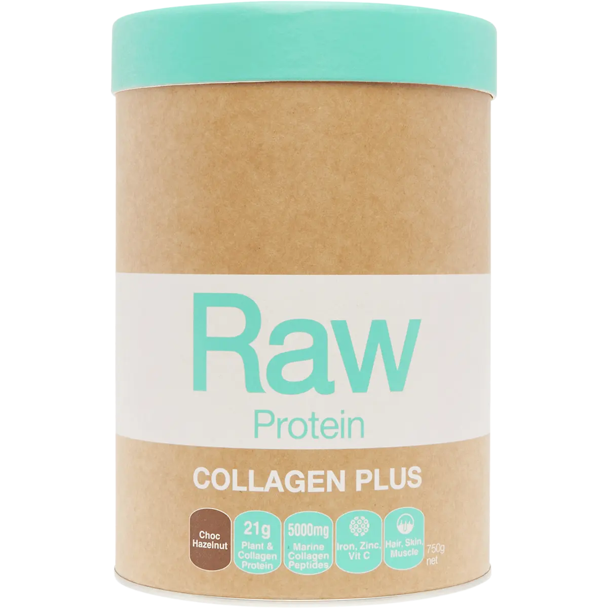Amazonia Raw Protein Collagen Plus Choc Hazelnut 750g — front pack image (UHP)