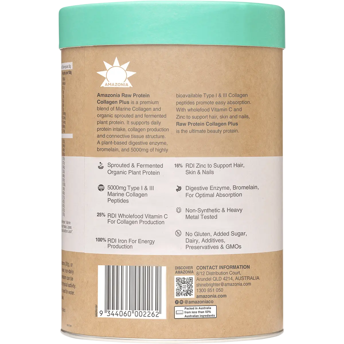 Amazonia Raw Protein Collagen Plus Choc Hazelnut 750g — side pack image (UHP)