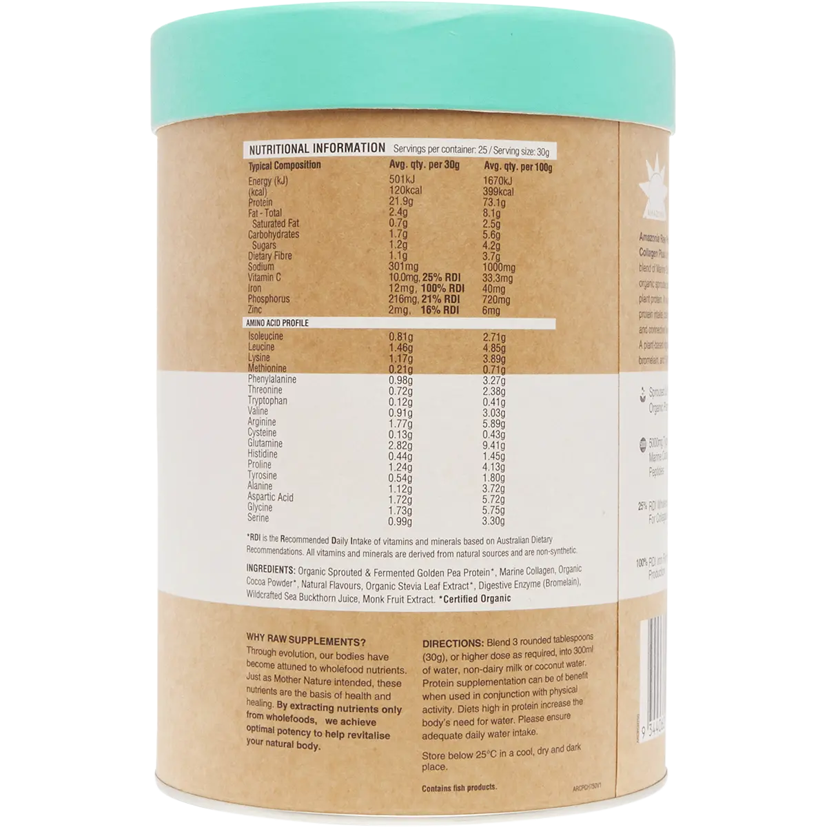 Amazonia Raw Protein Collagen Plus Choc Hazelnut 750g — side pack image (UHP)