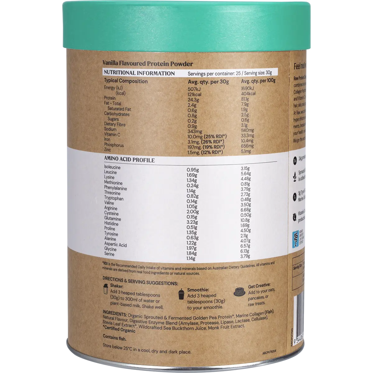 Amazonia Raw Protein Collagen Plus Vanilla Maple 750g — back pack image (UHP)