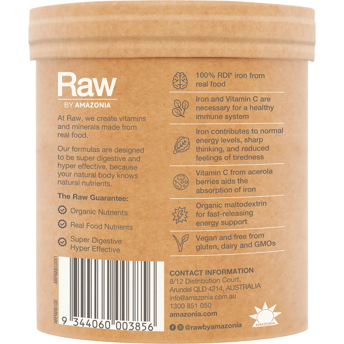 Amazonia Raw Organic Iron Apple Blackcurrant — side pack image (UHP)