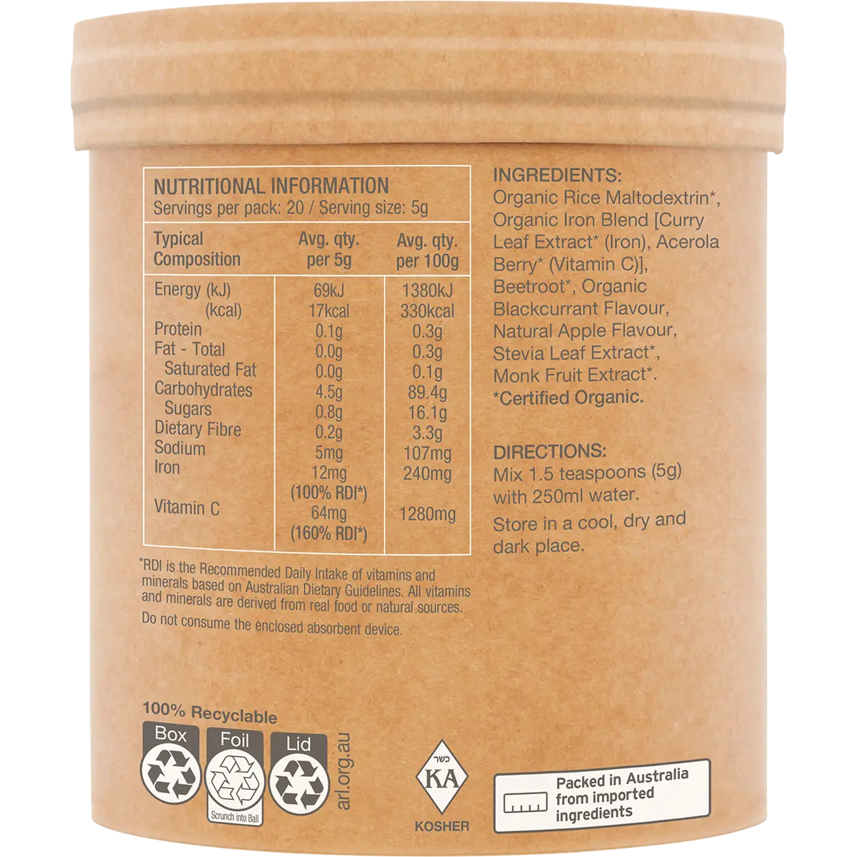 Amazonia Raw Organic Iron Apple Blackcurrant — side pack image (UHP)