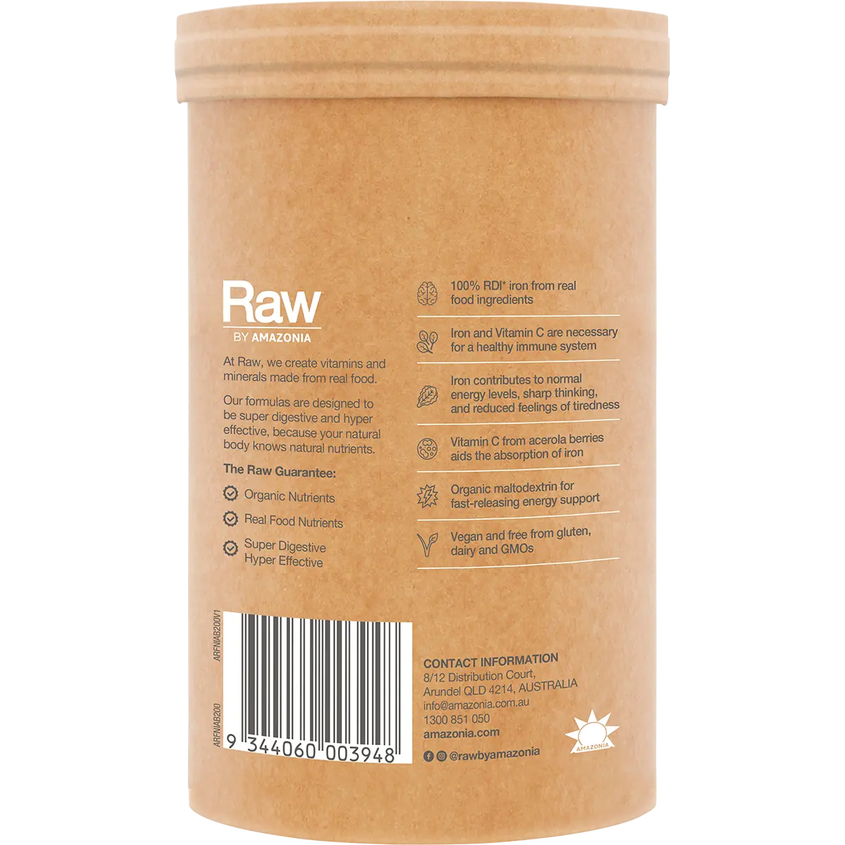 Amazonia Raw Organic Iron Apple Blackcurrant — side pack image (UHP)