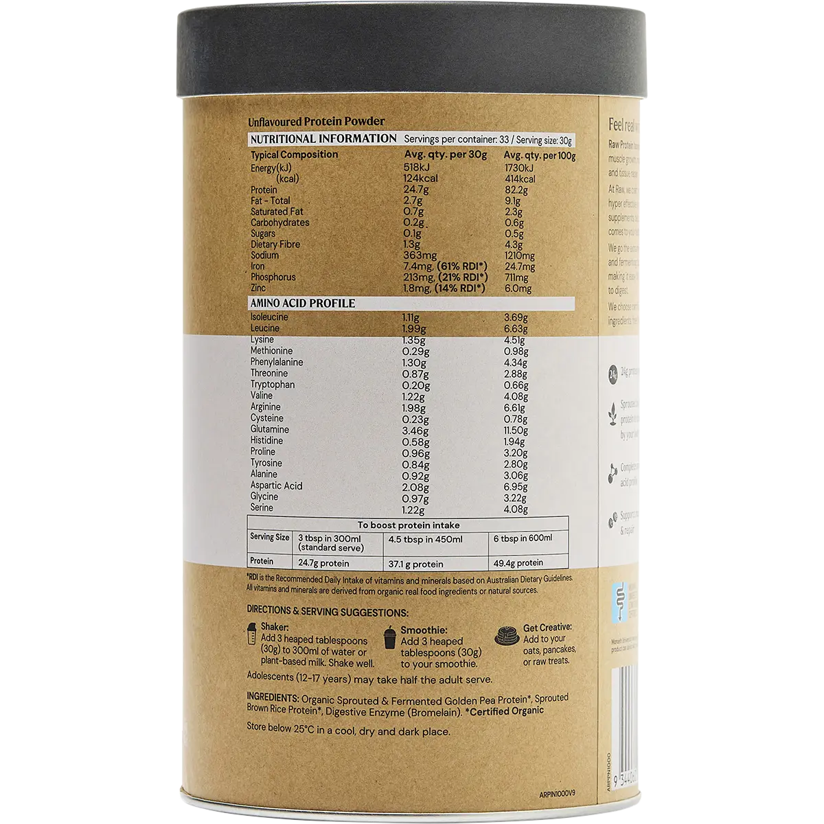 Amazonia Raw Protein Isolate Natural — nutrition panel (UHP)