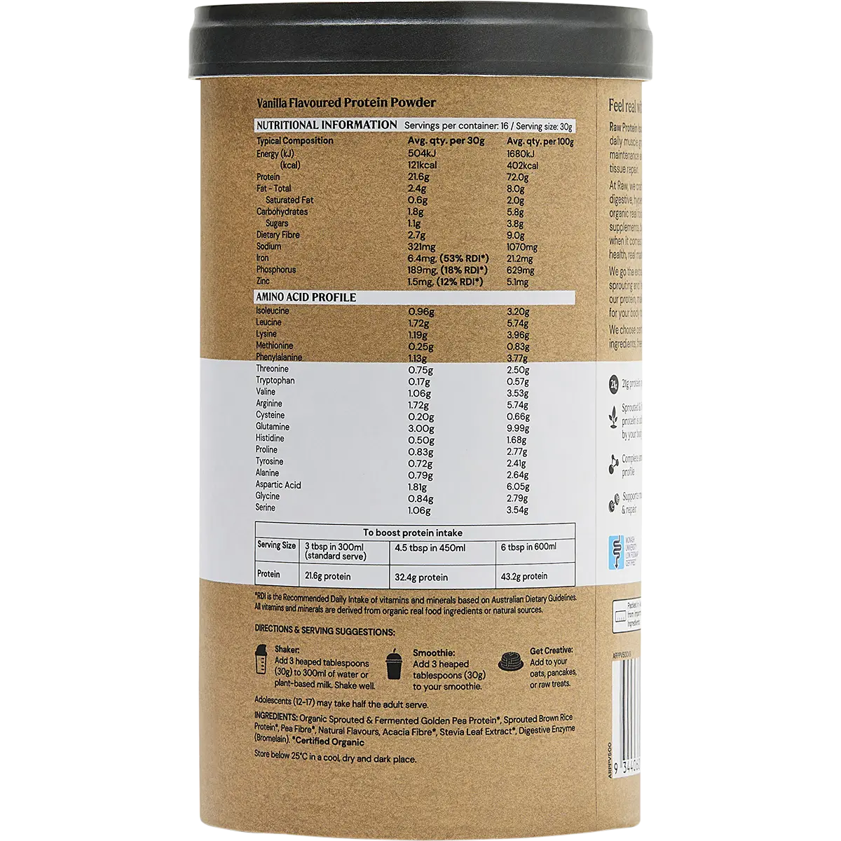 Amazonia Raw Protein Isolate Vanilla — nutrition panel (UHP)
