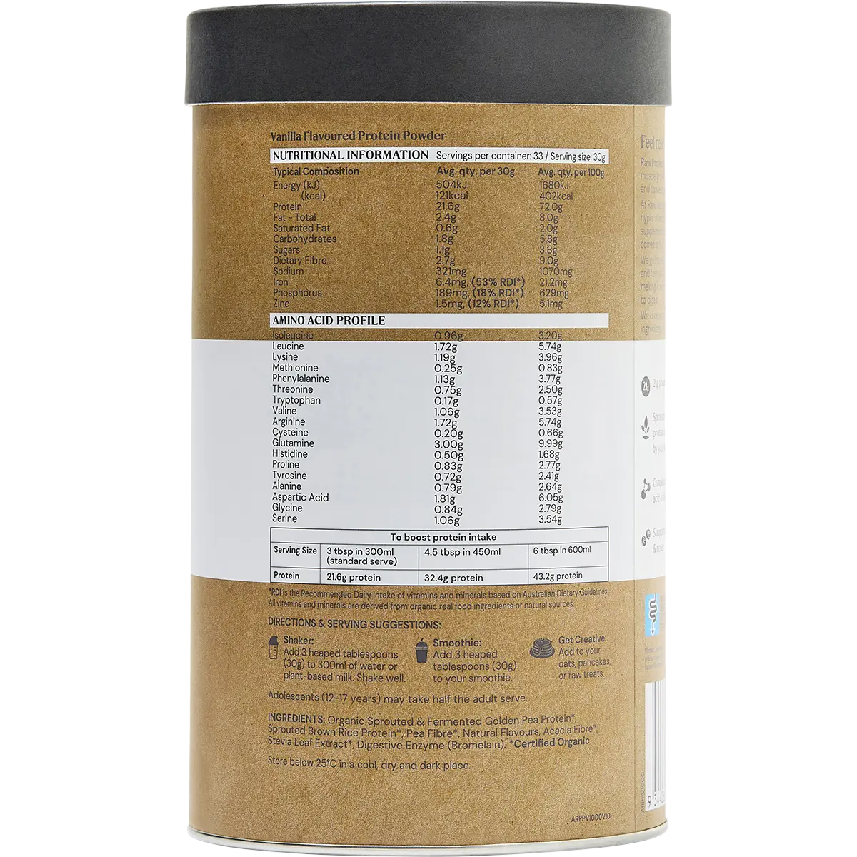 Amazonia Raw Protein Isolate Vanilla — nutrition panel (UHP)