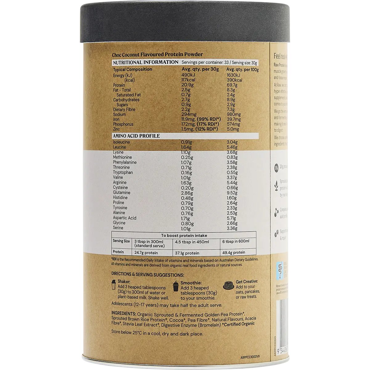 Amazonia Raw Protein Isolate Choc Coconut — nutrition panel (UHP)
