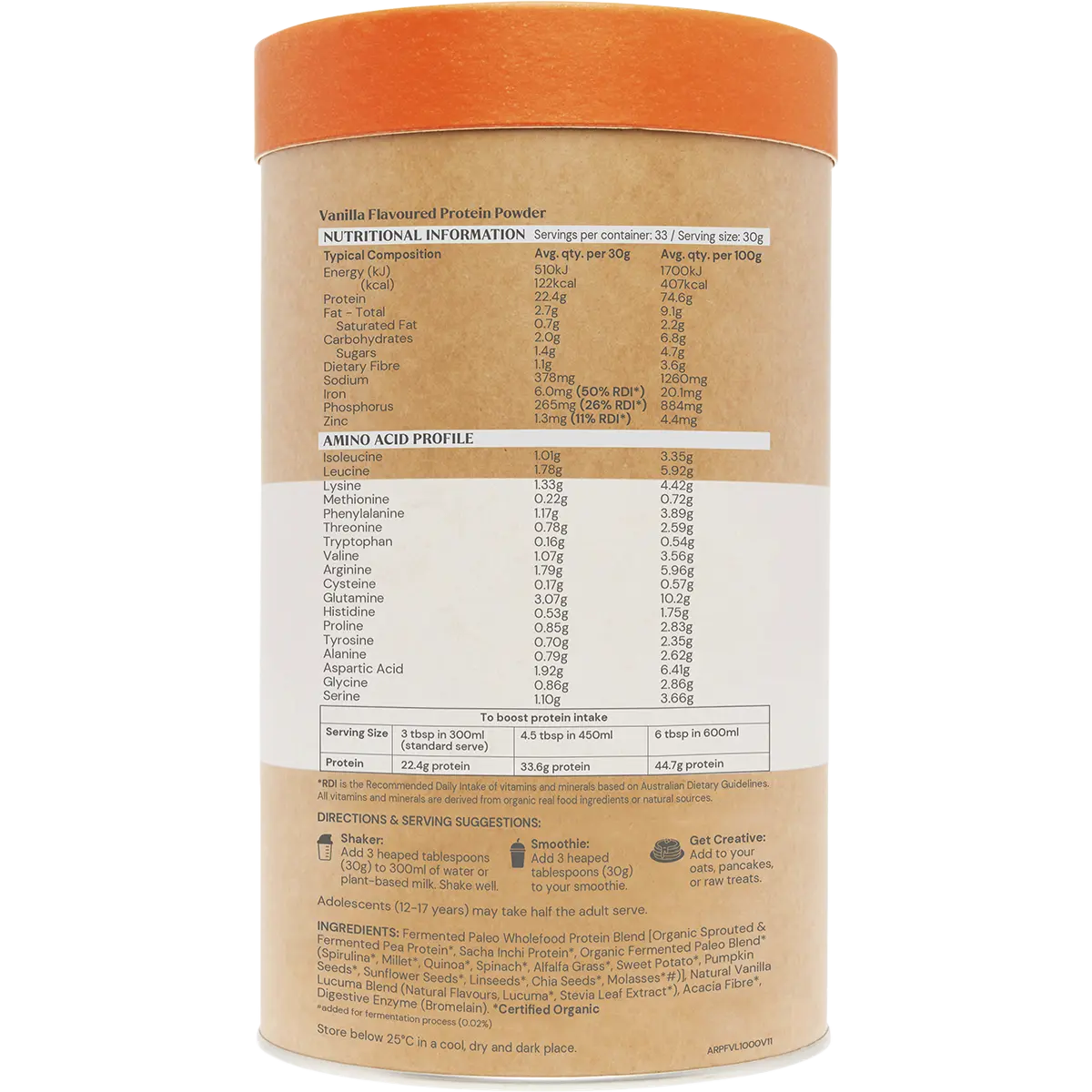 Amazonia Raw Paleo Protein Gentle Digest 1kg Vanilla — side pack image (UHP)
