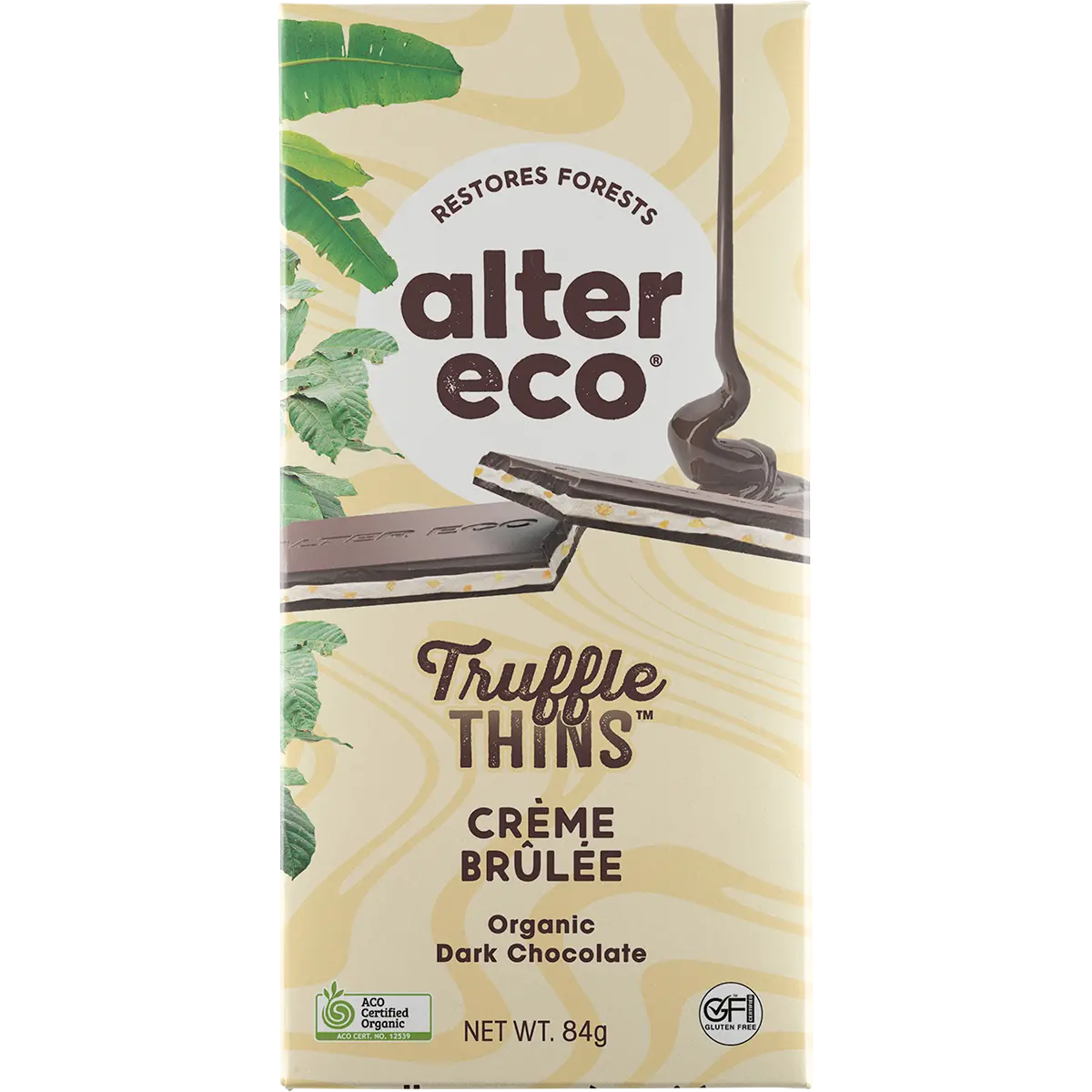 Alter Eco Chocolate Organic Creme Brulee Dark Truffle Thins 12x84g — official product image