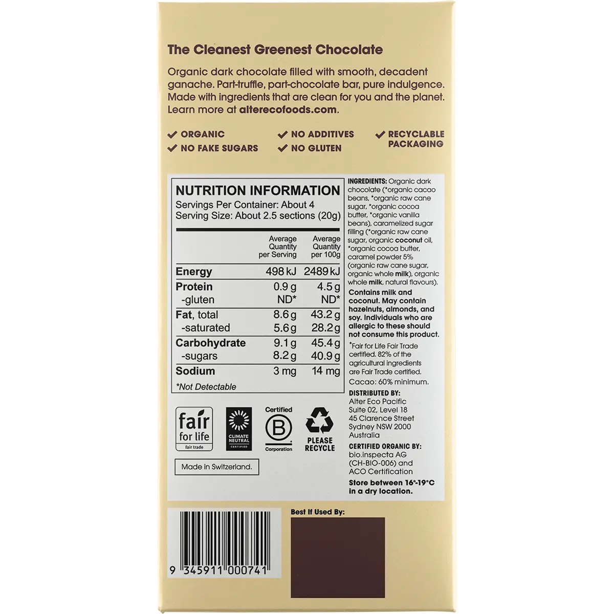 Alter Eco Chocolate Organic Creme Brulee Dark Truffle Thins 12x84g — back of pack and product information