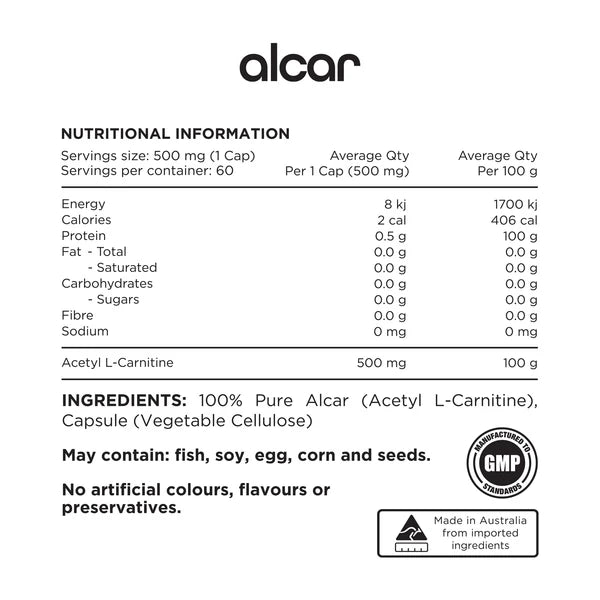 Switch Nutrition Alcar 100% Pure Acetyl L-Carnitine 60 Caps