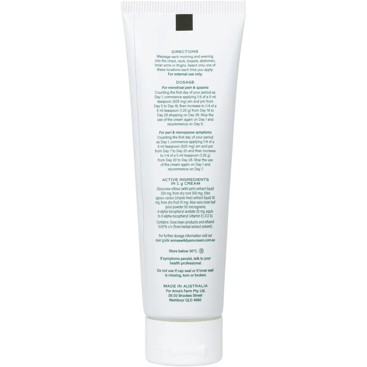 Anna's Wild Yam Cream (Her) Menstrual & Menopausal Symptoms 100g — back pack image (UHP)