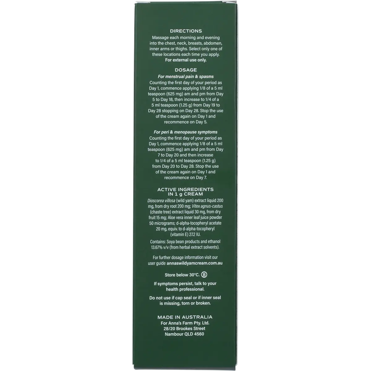 Anna's Wild Yam Cream (Her) Menstrual & Menopausal Symptoms 100g — back pack image (UHP)