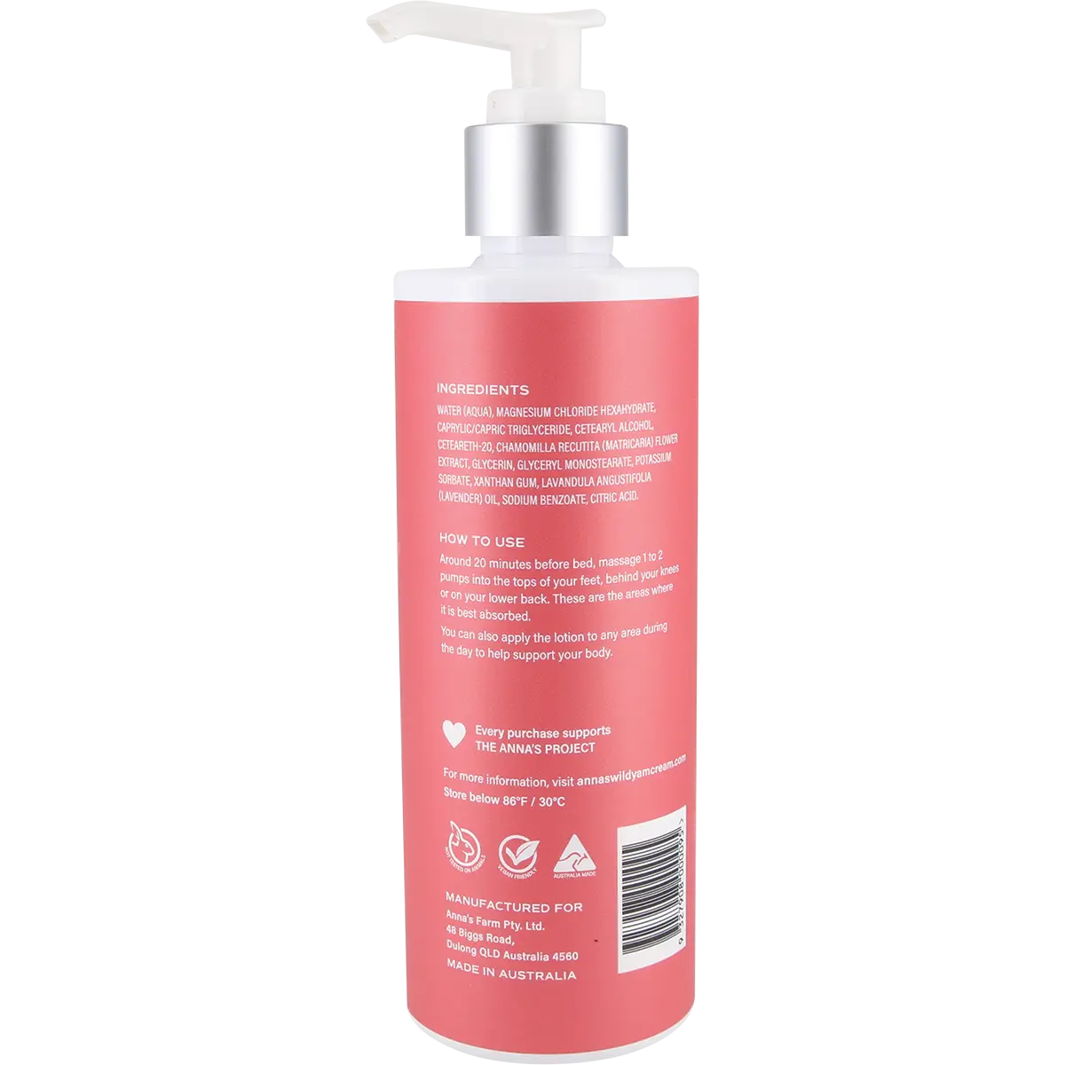 Anna's Magnesium Bedtime Lotion with Lavender & Chamomile 250ml — back of pack and product information