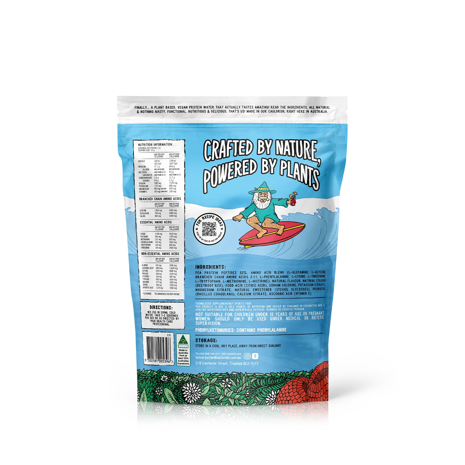 Botanika Blends Plant Protein Water Raspberry 400g — back / nutrition image