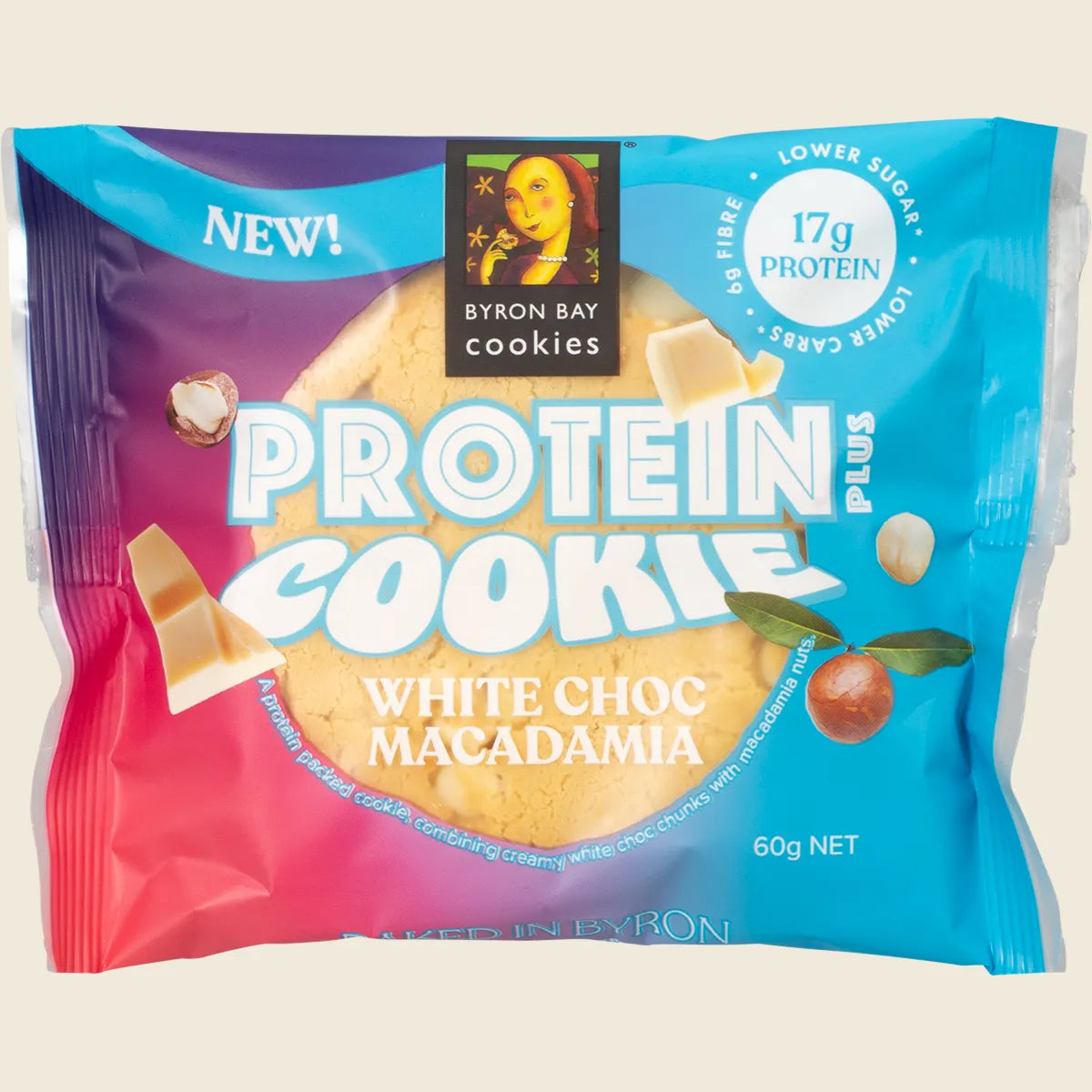 Byron Bay Cookie Company Protein Cookie White Choc Macadamia 12x60g Byron Bay Cookies