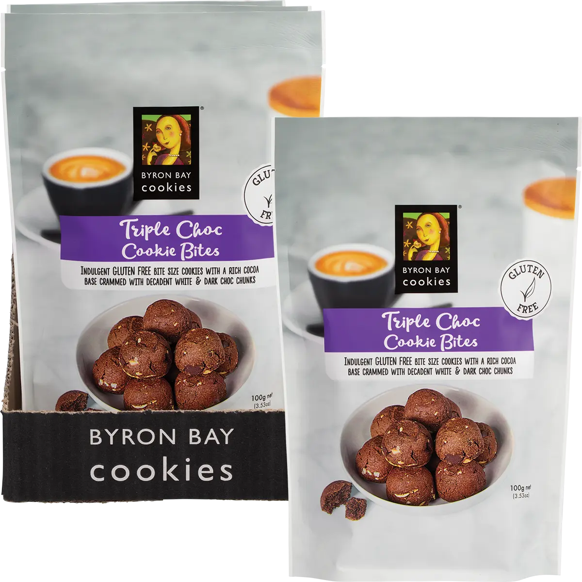(BBD - 04/09/2026) Byron Bay Cookie Company Gluten Free Cookie Bites Triple Choc Fudge — front pack image (UHP)