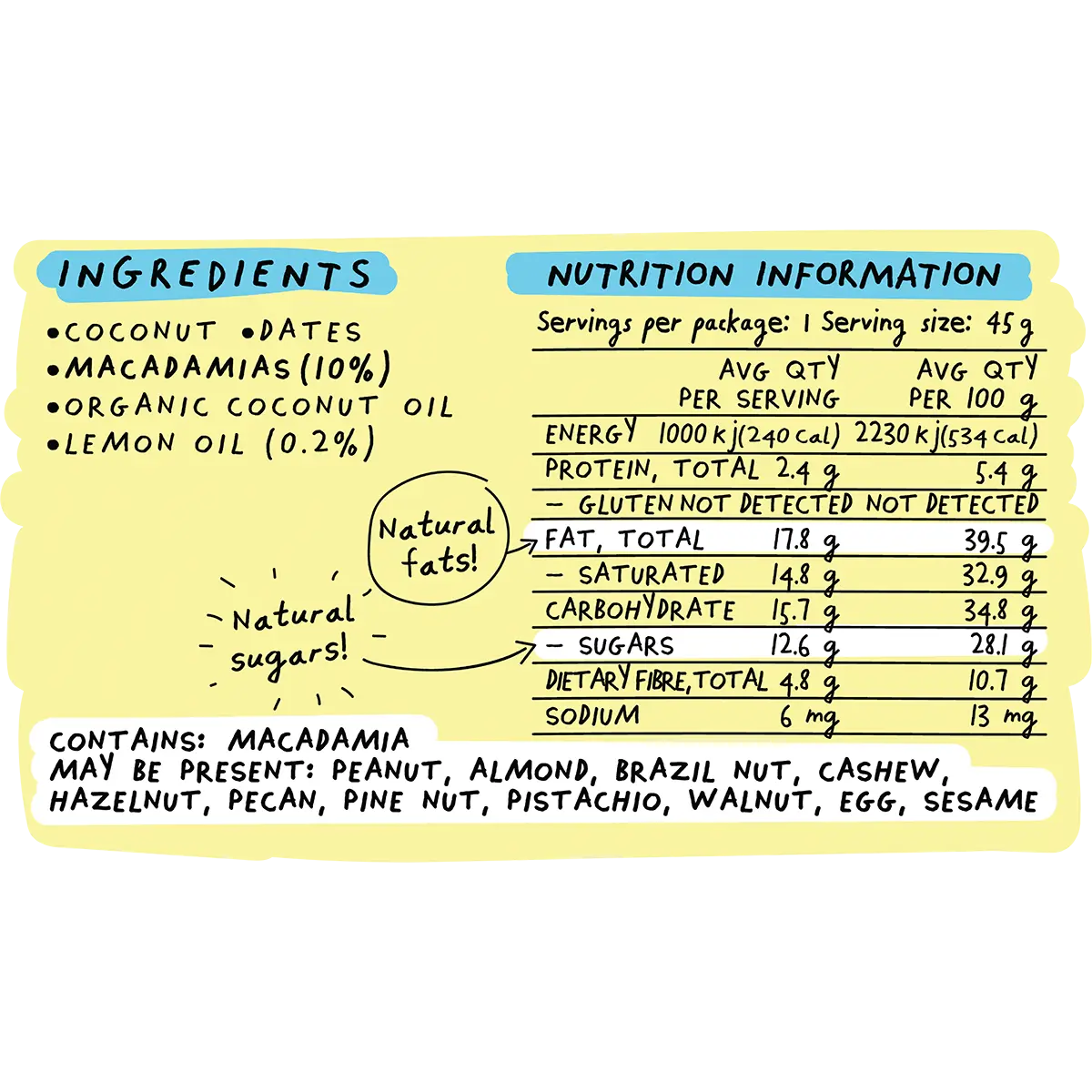Blue Dinosaur Lemon & Macadamia Snack Bar 12x45g — back of pack and product information