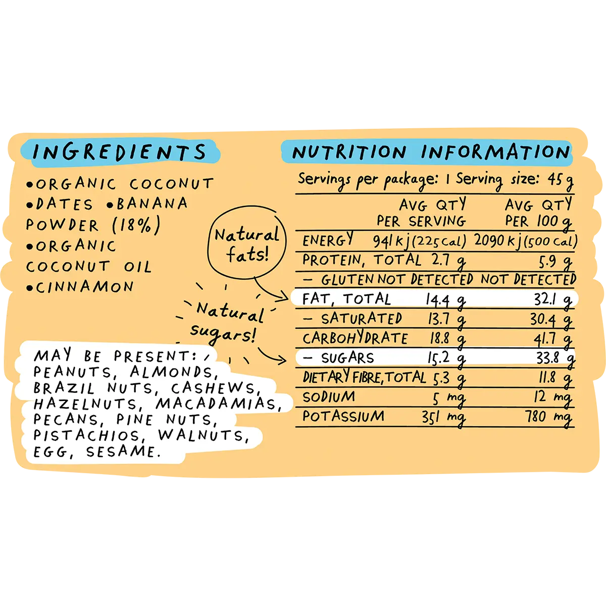 Blue Dinosaur Banana Bread Snack Bar 12x45g — back of pack and product information