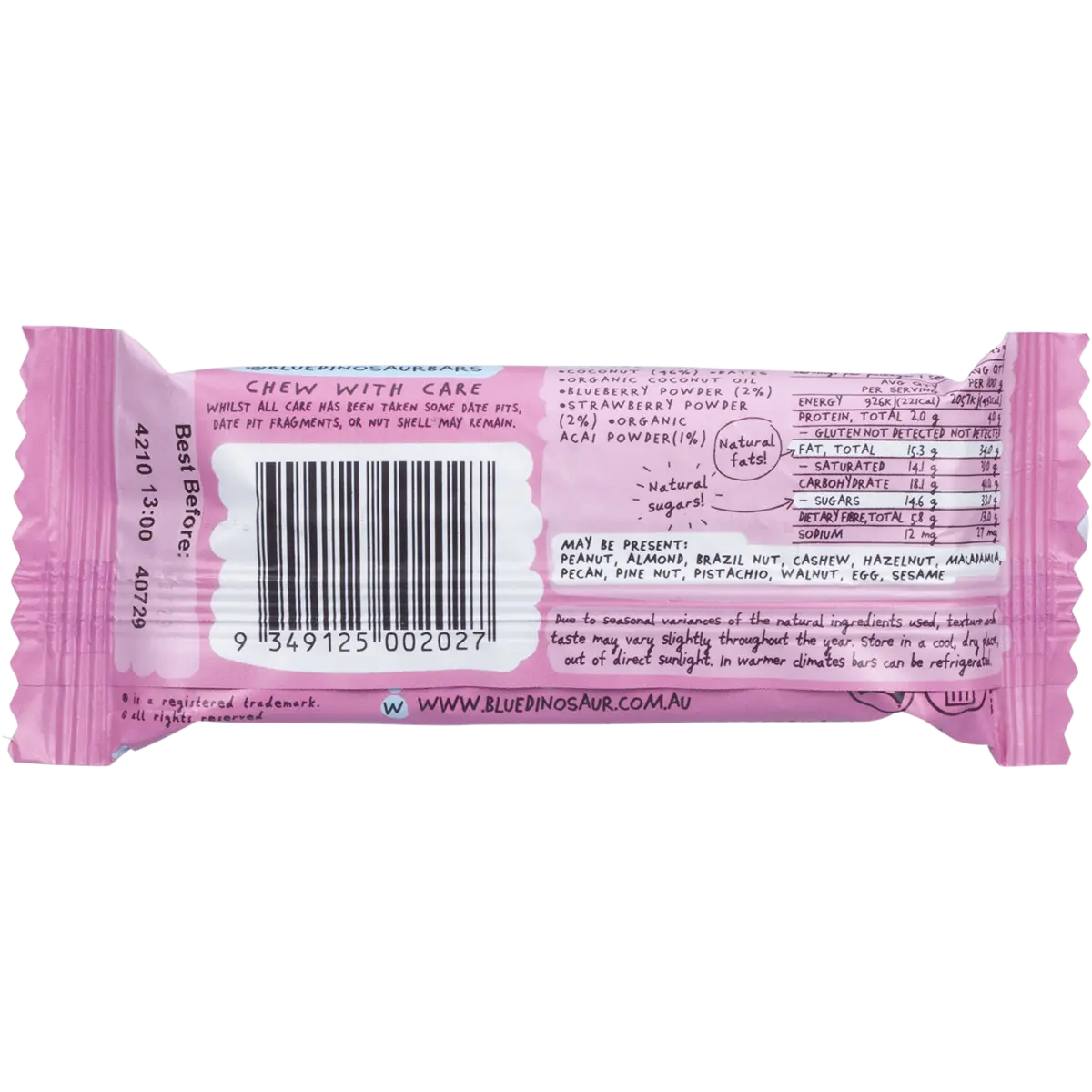 Blue Dinosaur The Clean Bar Berry Coconut 12x45g — back of pack and product information